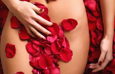 Part of the naked beautiful suntanned female body in petals of scarlet roses